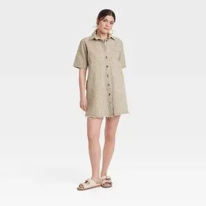 Universal Thread Women's Leopard Print Denim Mini Shirtdress Tan